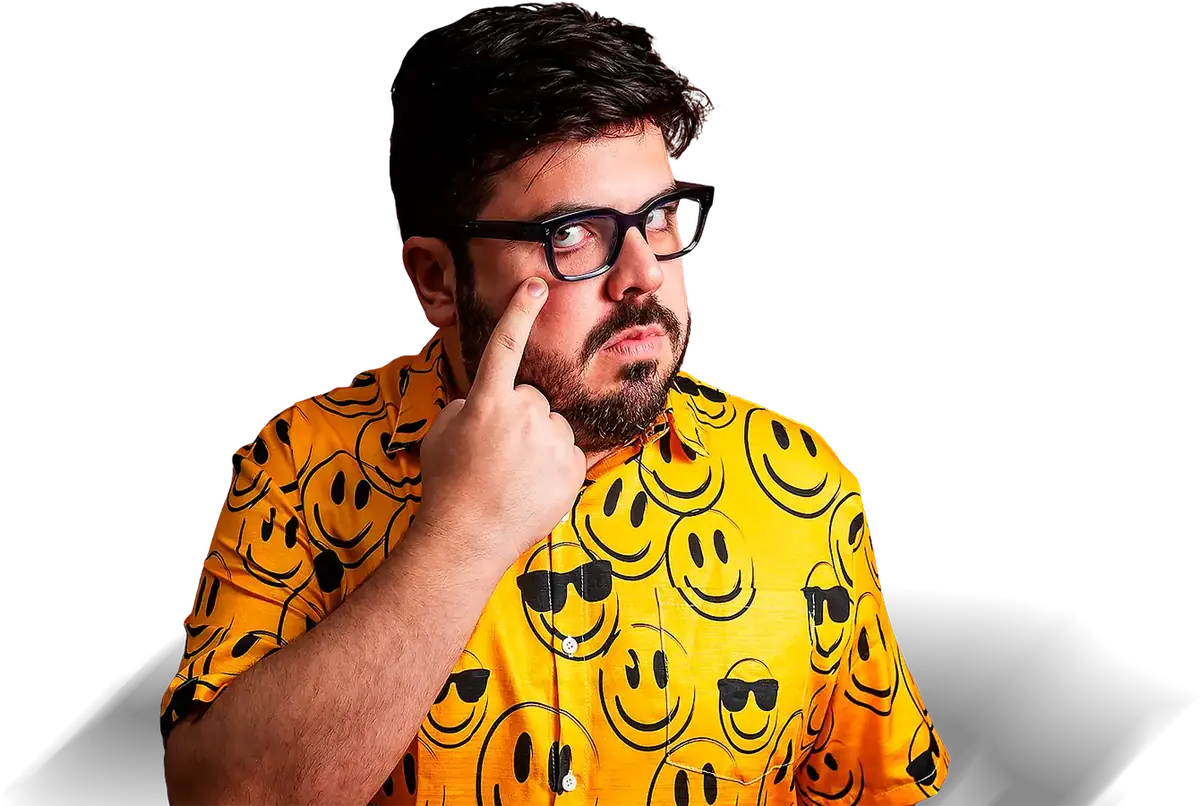 Bruno UAU apontando para o próprio olho