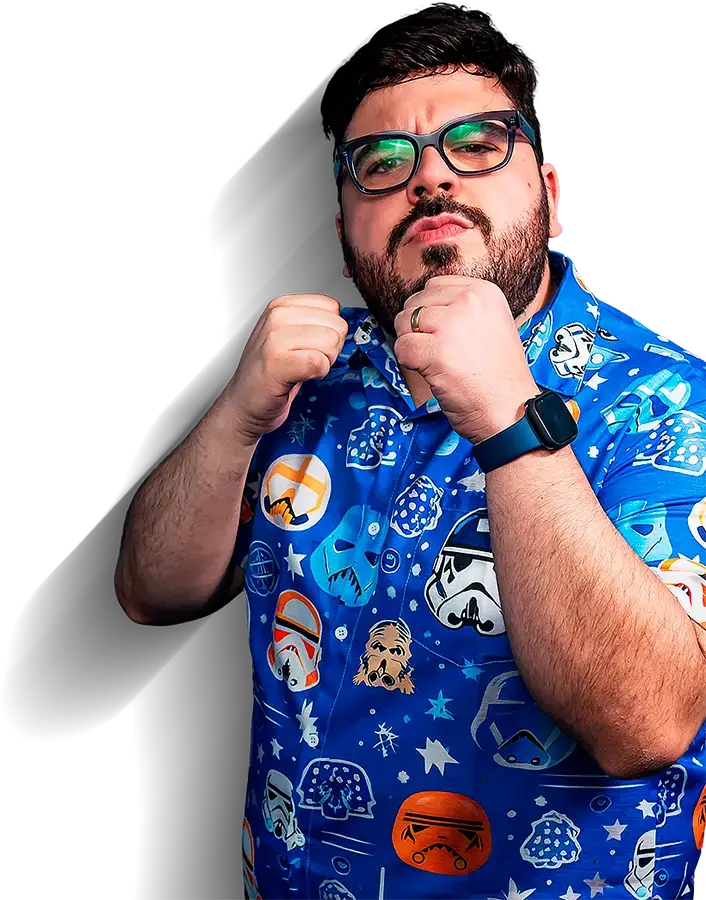 Bruno UAU em pose de luta, com os punhos erguidos