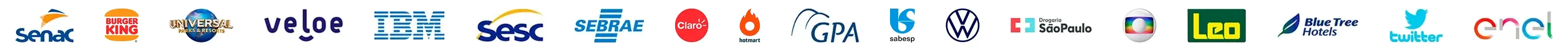 Logos de clientes: Senac, Burger King, Universal, Veloe, IBM, Sesc, Sebrae, Claro, Hotmart, GPA, Sabesp, Volkswagen, Drogaria São Paulo, Globo, Leo Madeiras, Blue Tree Hotels, Twitter, Enel, Aurora, BRF, Hopi Hari, Samsung, Salinas Maragogi, Unimed, Avon, Yamaha, Natura, Grupo Boticário, Mavsa, Wizard, Telium, Tenda, Suvinil, MPD e Ambev