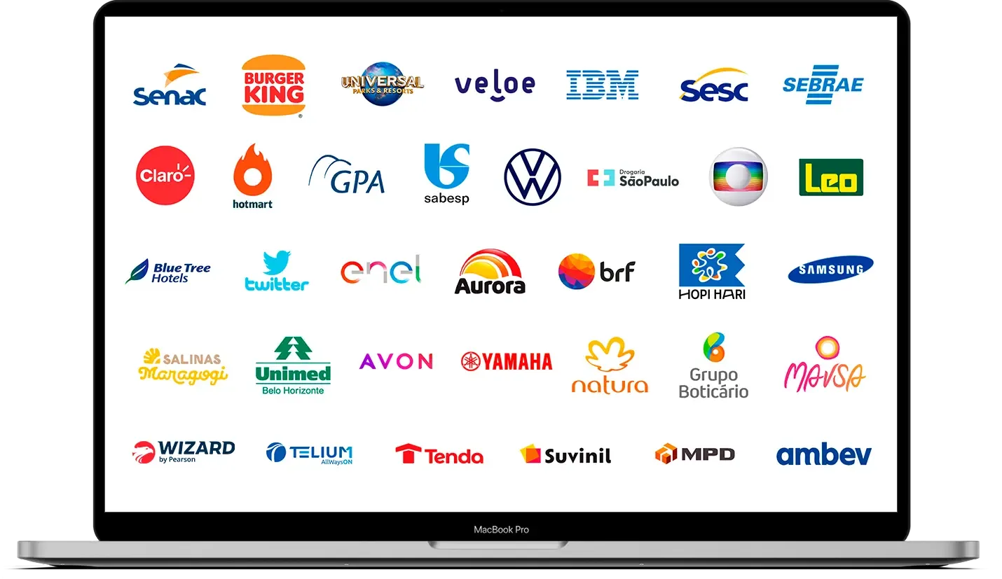 Logos de clientes: Senac, Burger King, Universal, Veloe, IBM, Sesc, Sebrae, Claro, Hotmart, GPA, Sabesp, Volkswagen, Drogaria São Paulo, Globo, Leo Madeiras, Blue Tree Hotels, Twitter, Enel, Aurora, BRF, Hopi Hari, Samsung, Salinas Maragogi, Unimed, Avon, Yamaha, Natura, Grupo Boticário, Mavsa, Wizard, Teliun, Tenda, Suvinil, MPD e Ambev