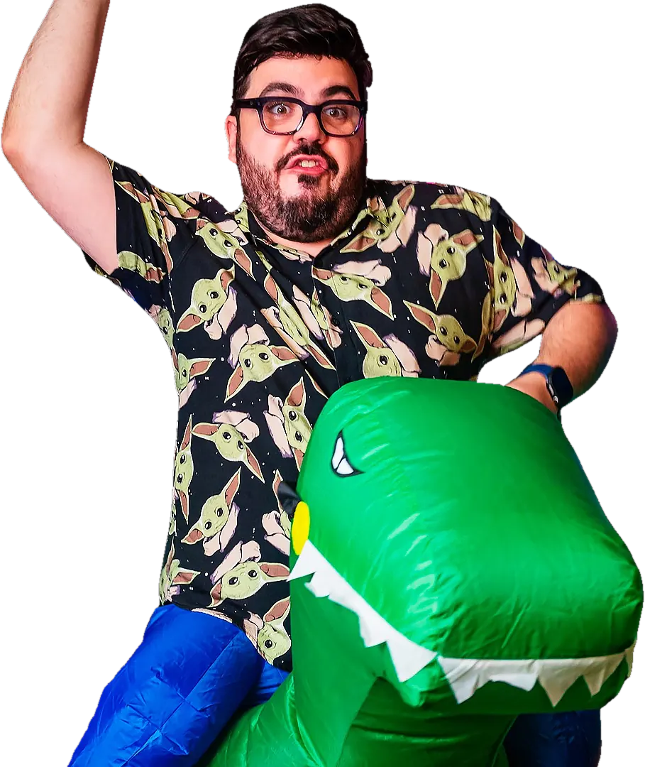 Bruno UAU montado num dinossauro inflável